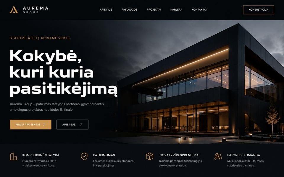Aurema Group svetainės ekrano nuotrauka
